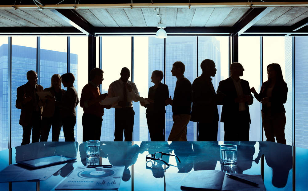 Silhouetted professionals in a boardroom discussing risk policies with cityscape in background
