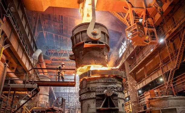 Molten metal being poured in a steel foundry, symbolising industrial precision and ISO-certified production.