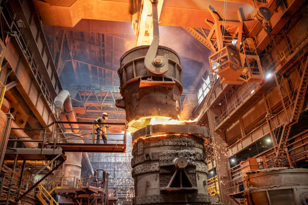 Molten metal being poured in a steel foundry, symbolising industrial precision and ISO-certified production.