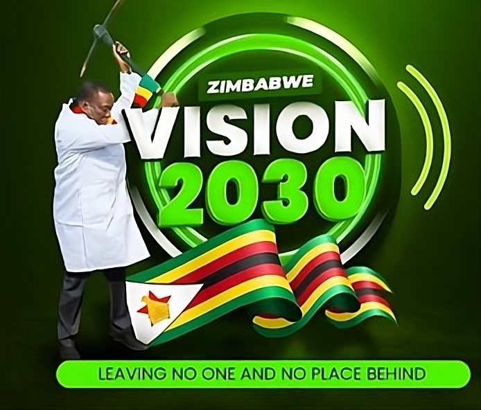 Zimbabwe Vision 2030 banner with national colors and development slogan