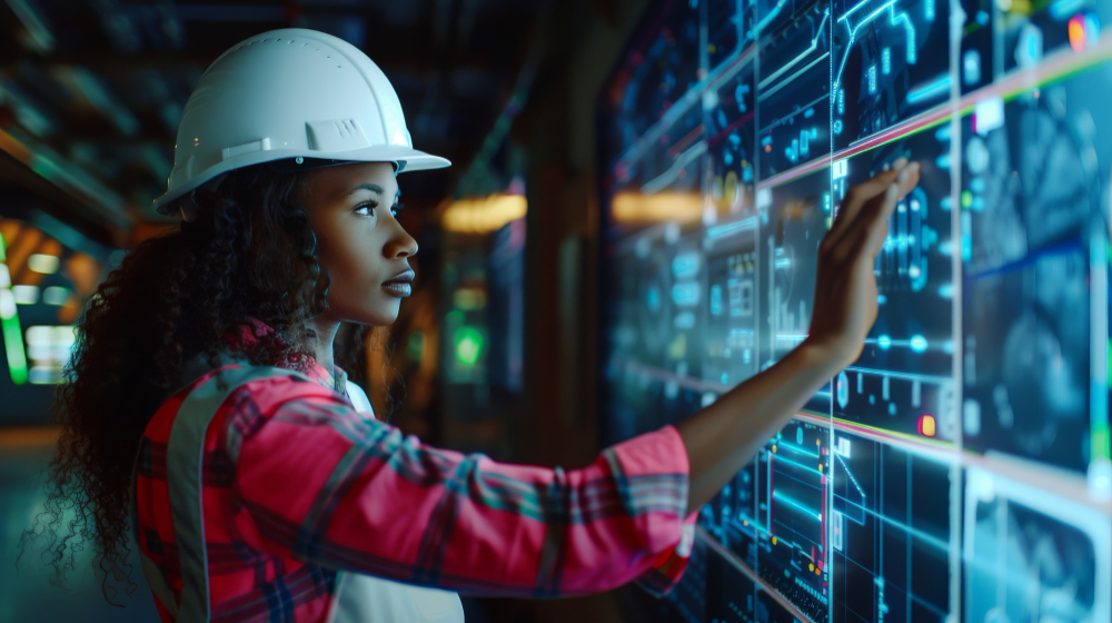 A mining engineer interacts with a digital screen at an active mine site.