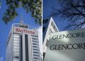 Split image showing the headquarters of Rio Tinto and Glencore.