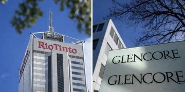 Split image showing the headquarters of Rio Tinto and Glencore.