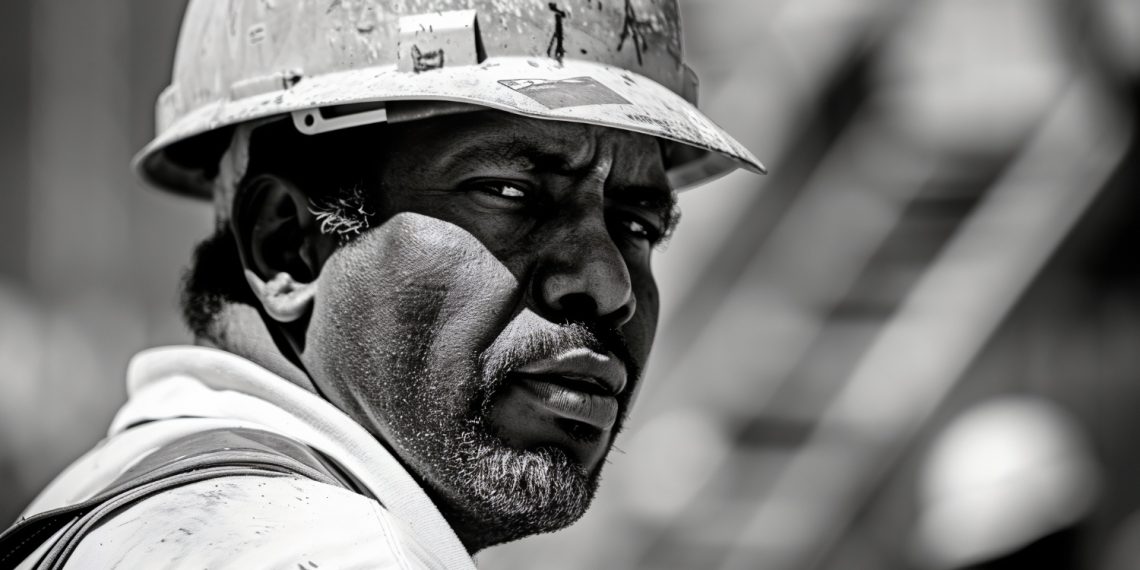 Close-up of a miner wearing a hard hat at an industrial site.