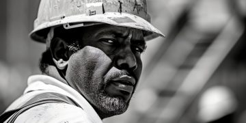 Close-up of a miner wearing a hard hat at an industrial site.
