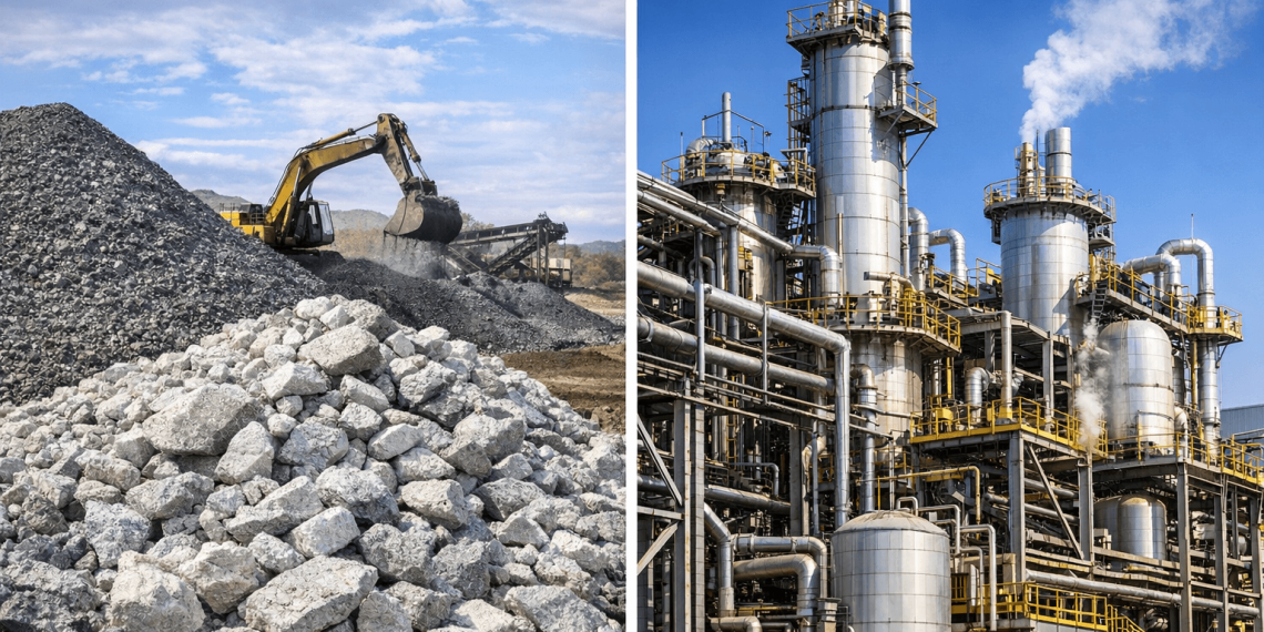 Split illustration showing raw mineral ore and a mineral processing plant, representing Zimbabwe’s debate over banning exports of unprocessed minerals.