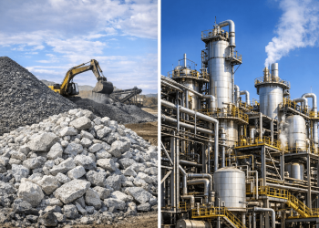 Split illustration showing raw mineral ore and a mineral processing plant, representing Zimbabwe’s debate over banning exports of unprocessed minerals.