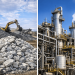 Split illustration showing raw mineral ore and a mineral processing plant, representing Zimbabwe’s debate over banning exports of unprocessed minerals.