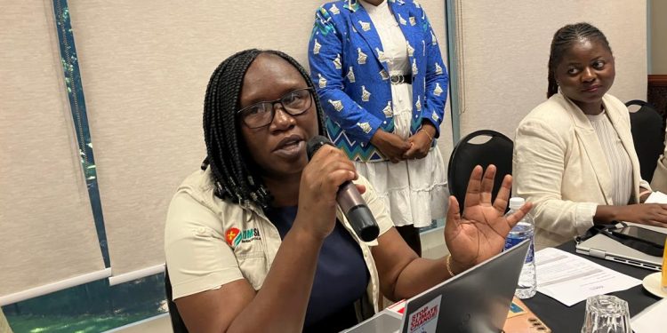 A speaker addresses a mining and human rights meeting in Harare, with participants listening in the background.
