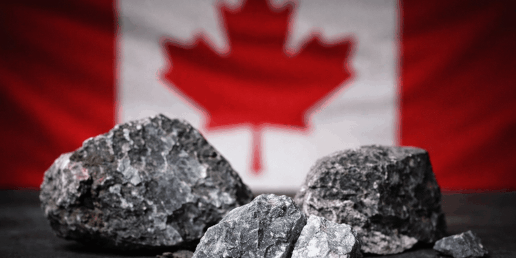 Rare earth mineral ore samples in front of a Canadian flag