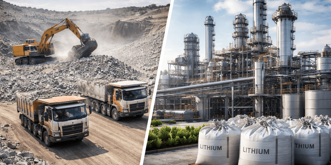 Open‑pit mine with excavators and lithium processing plant.