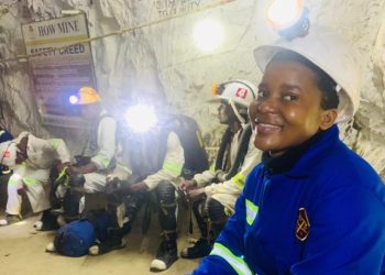 Underground miners in protective gear at Zimbabwe School of Mines.