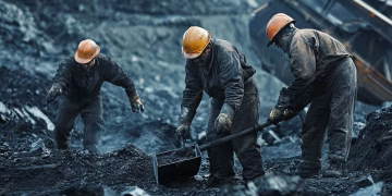 Coal miners wearing protective clothing and helmets work at a mining site.