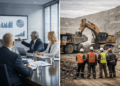 Split‑view showing corporate boardroom with executives and an active mine site with workers and machinery.