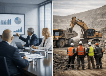 Split‑view showing corporate boardroom with executives and an active mine site with workers and machinery.