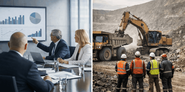 Split‑view showing corporate boardroom with executives and an active mine site with workers and machinery.