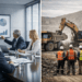 Split‑view showing corporate boardroom with executives and an active mine site with workers and machinery.