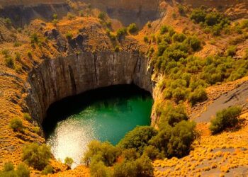Aerial view of the Big Hole at Kimberley Diamond Mine, South Africa.