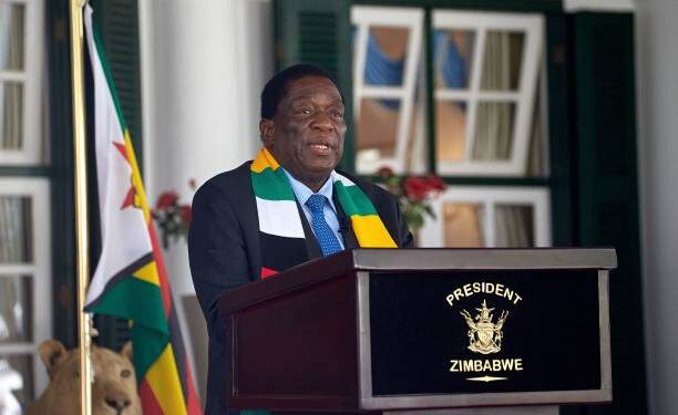 Zimbabwean President Emmerson Mnangagwa addresses a press conference at State House in Harare.