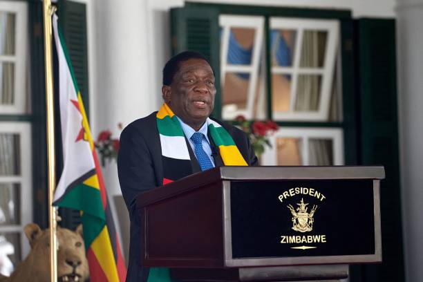 Zimbabwean President Emmerson Mnangagwa addresses a press conference at State House in Harare.