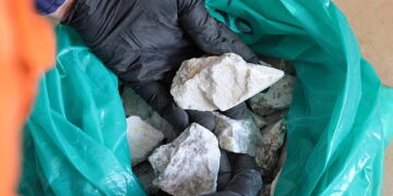 A gloved hand holds a sample of spodumene ore, a lithium-bearing mineral.