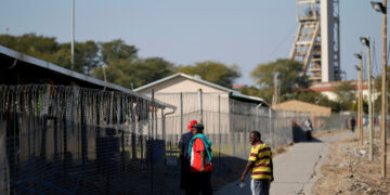 Mine workers are seen at the Northam Platinum's Zondereinde mine in Limpopo province