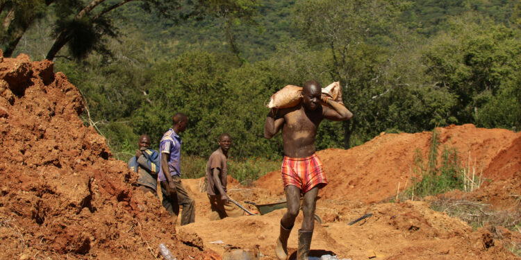 Illegal artisanal gold miners work at an open mine in Mazowe, Zimbabwe