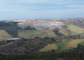 Aerial view of SA Lithium Mine in Magog, South Africa, bordered by farmland threatened by mining expansion