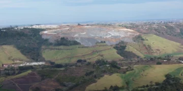 Aerial view of SA Lithium Mine in Magog, South Africa, bordered by farmland threatened by mining expansion
