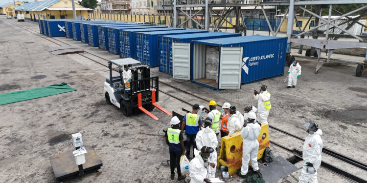 Bags of artisanal cobalt hydroxide arrive in the port of Lobito