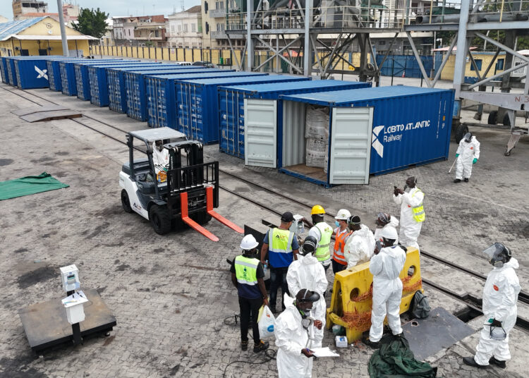 Bags of artisanal cobalt hydroxide arrive in the port of Lobito