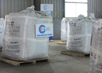 Bags of artisanal cobalt hydroxide stored in a warehouse in Kolwezi, DRC, awaiting transport