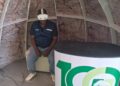 ZiMining editor Thomas Chidamba wears a VR headset inside a geodesic dome display at the Mimosa Mine stand, Zimbabwe Agricultural Show, August 26, 2026.