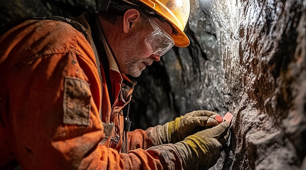 Miner inspecting a rock face underground in a mine.