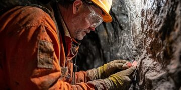 Miner inspecting a rock face underground in a mine.