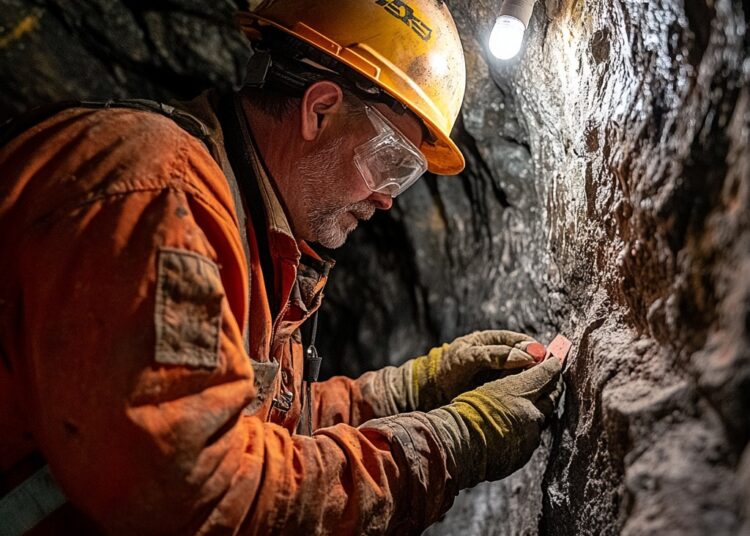 Miner inspecting a rock face underground in a mine.