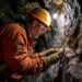Miner inspecting a rock face underground in a mine.
