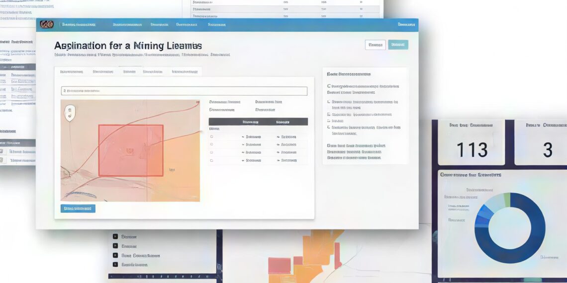 Computerised mining cadastre interface showing maps, tables and charts.