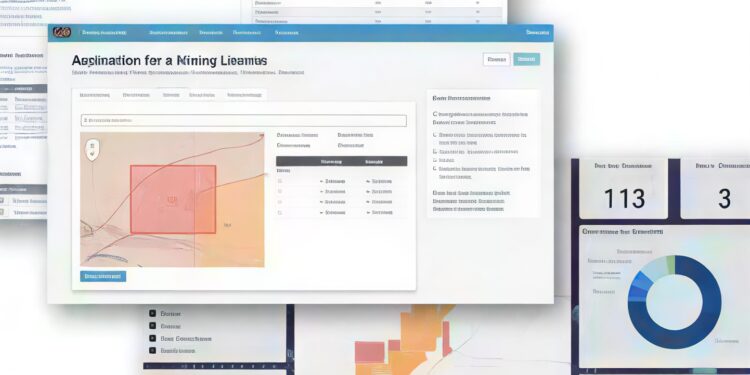 Computerised mining cadastre interface showing maps, tables and charts.