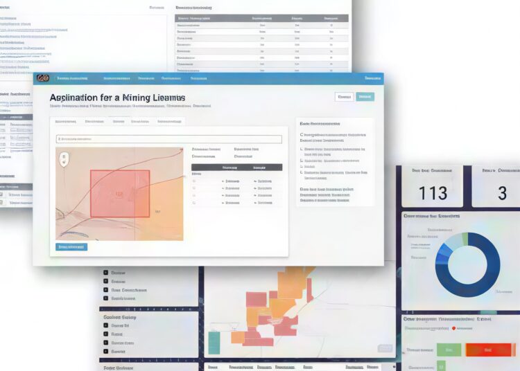 Computerised mining cadastre interface showing maps, tables and charts.