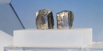 Hydrogen‑storage alloy ingots are displayed in the rare earth elements production section of the exhibition on China’s manufacturing achievements, in Beijing