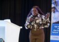 Melindah Kufeni speaks at a mining industry gathering in Tlokweng, Botswana.