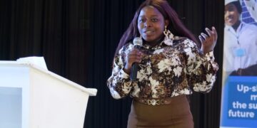 Melindah Kufeni speaks at a mining industry gathering in Tlokweng, Botswana.