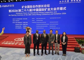 Zimbabwe Mines Minister Polite Kambamura, third from left, poses with members of Zimbabwe's delegation at the China Mining Conference in Tianjin, China, on September 11, 2026.