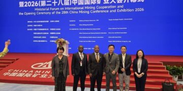 Zimbabwe Mines Minister Polite Kambamura, third from left, poses with members of Zimbabwe's delegation at the China Mining Conference in Tianjin, China, on September 11, 2026.