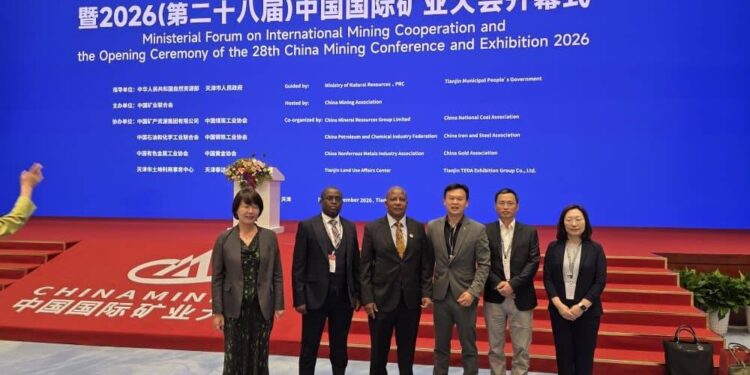 Zimbabwe Mines Minister Polite Kambamura, third from left, poses with members of Zimbabwe's delegation at the China Mining Conference in Tianjin, China, on September 11, 2026.