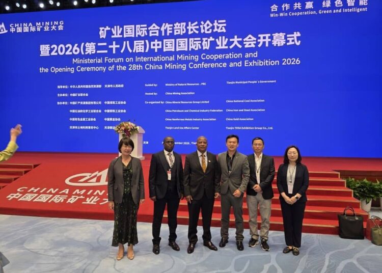 Zimbabwe Mines Minister Polite Kambamura, third from left, poses with members of Zimbabwe's delegation at the China Mining Conference in Tianjin, China, on September 11, 2026.