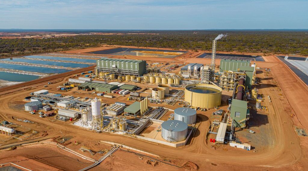 Aerial view of the Kalgoorlie Rare Earths Processing Facility in Western Australia, showing processing infrastructure, storage tanks and evaporation ponds.