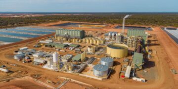 Aerial view of the Kalgoorlie Rare Earths Processing Facility in Western Australia, showing processing infrastructure, storage tanks and evaporation ponds.
