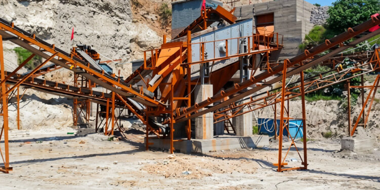 Aggregate screening conveyors and processing equipment at a Zhongji crushing and screening plant.